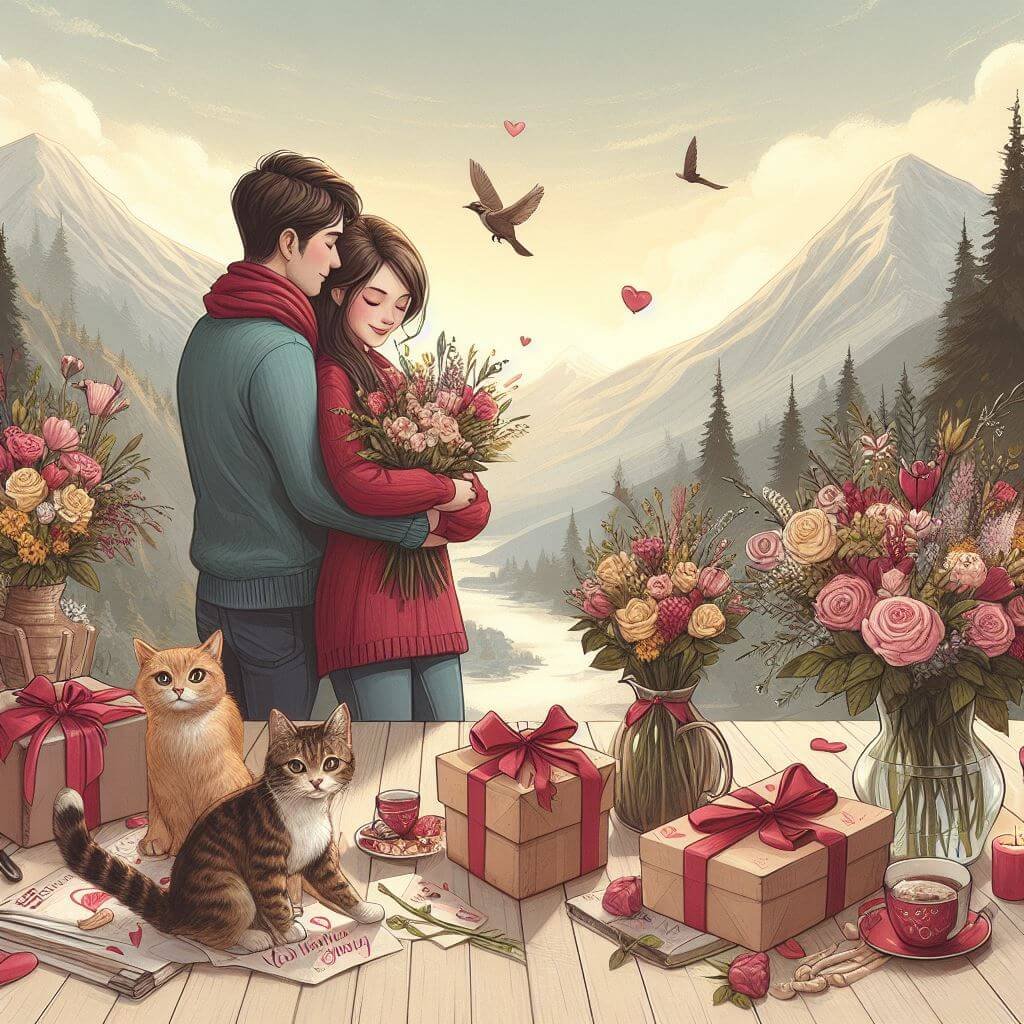 Pareja abrazada naturaleza regalos