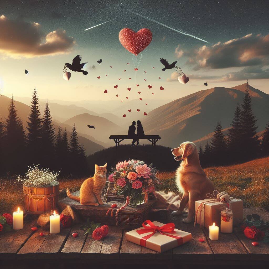 Pareja romántica atardecer regalos mascotas