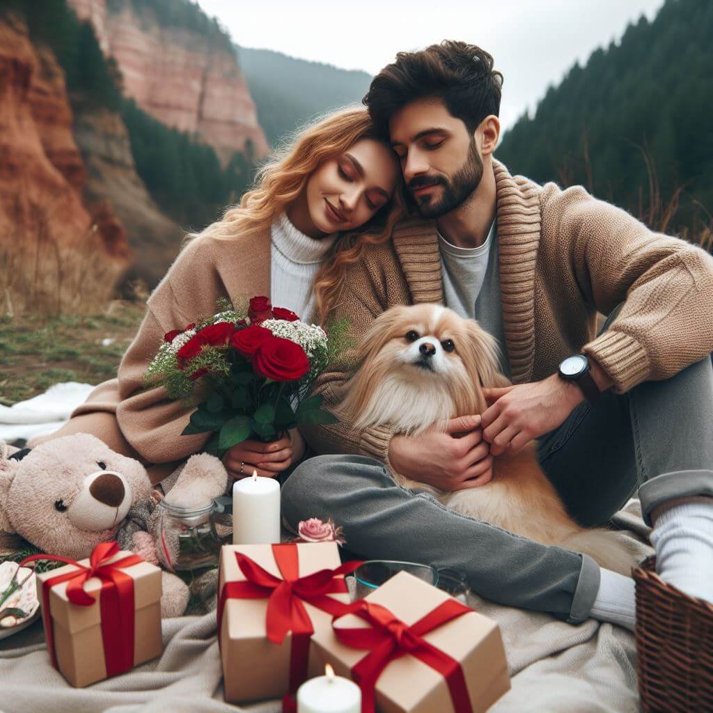 Pareja romántica naturaleza mascota