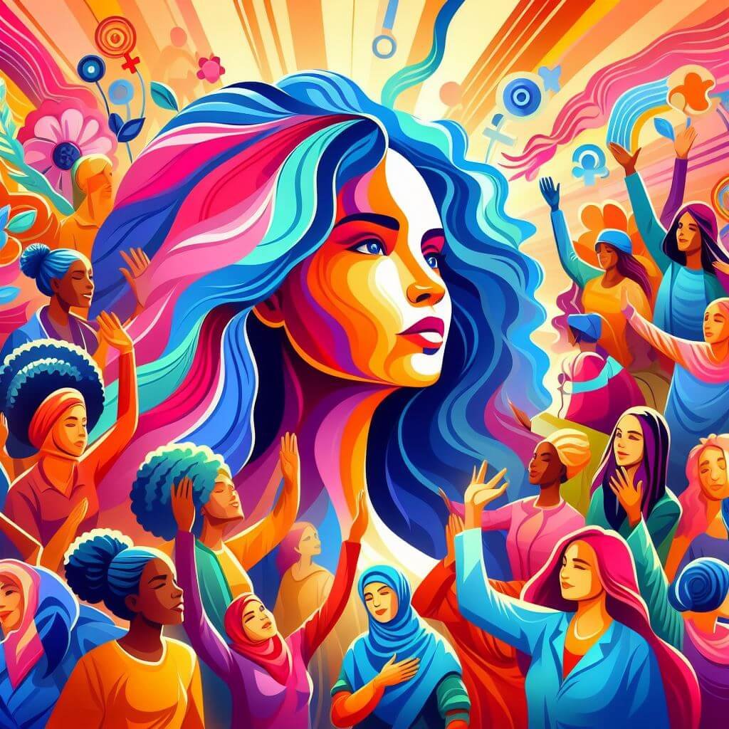 Mujeres diversas y unidas alzando sus manos. Sus rostros expresan determinación, lucha y esperanza por un futuro de igualdad y respeto.