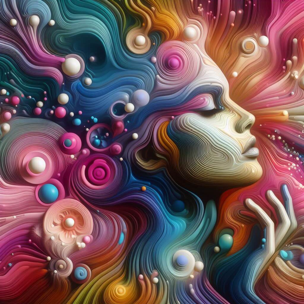 Mujer serena con los ojos cerrados meditando en un espacio colorido. Su expresión facial refleja belleza interior y exterior.