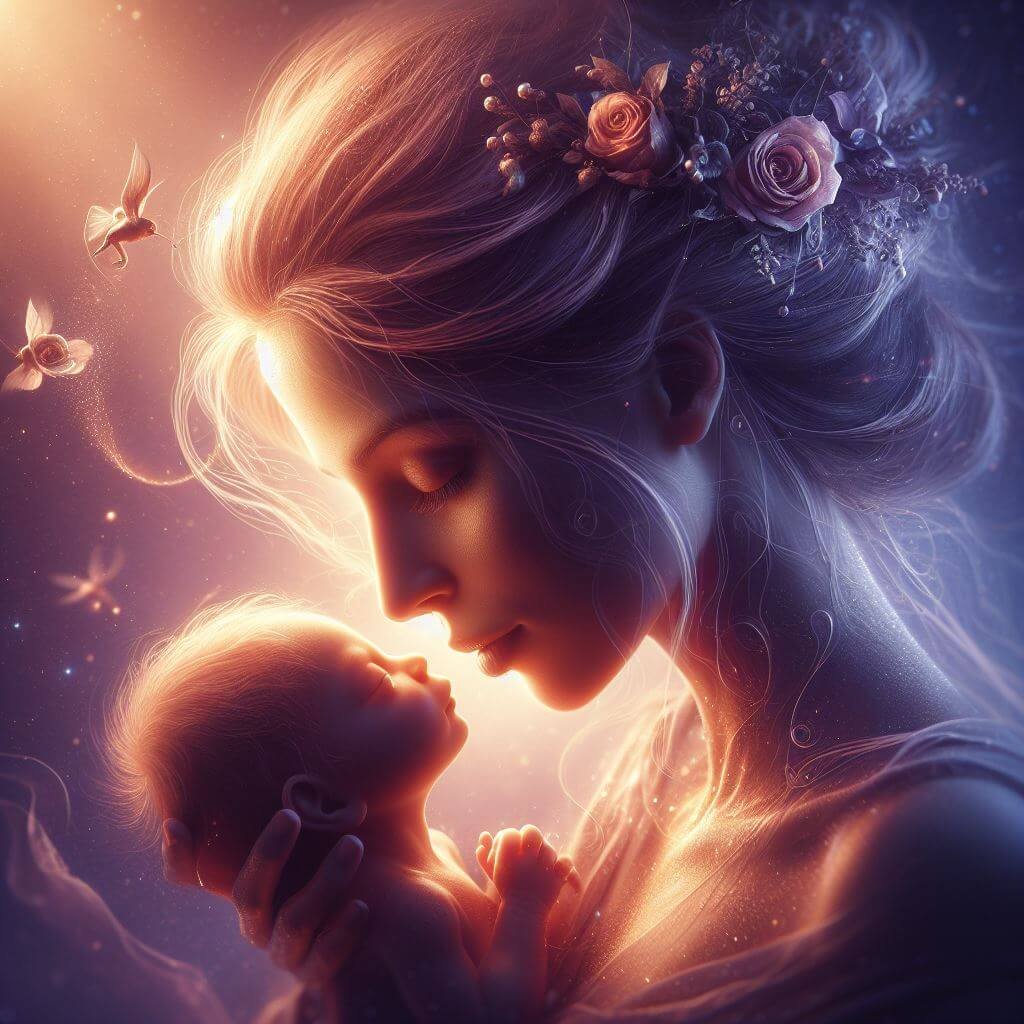 Madre con una corona de flores sosteniendo a su bebé, rodeada de un resplandor etéreo y mariposas, evocando un sentido de realismo mágico y la belleza del amor maternal.