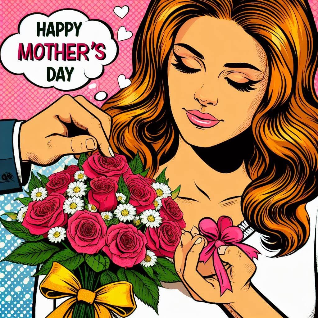 Celebración del Día de la Madre representada en un estilo cómico, donde una mujer está recibiendo un ramo de flores.