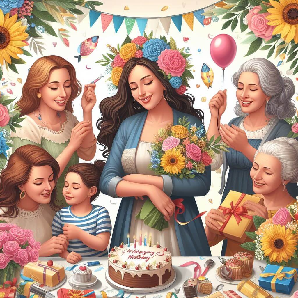Escena de celebración alegre con mujeres de diferentes edades reunidas alrededor de un pastel, rodeadas de flores y decoraciones vibrantes, evocando un sentido de festividad y unión familiar.