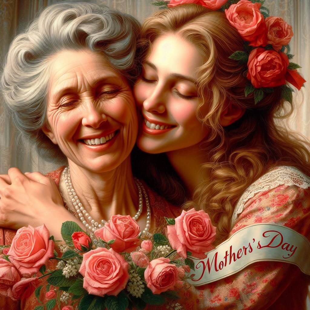 Madre e hija, adornadas con flores y una cinta que dice ‘Día de la Madre’, simbolizando una celebración de la maternidad.