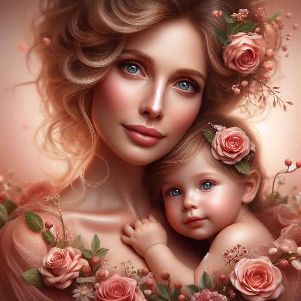 Madre y bebé con rostros felices, con adornos intrincados de flores, evocando un sentido de misterio y elegancia.