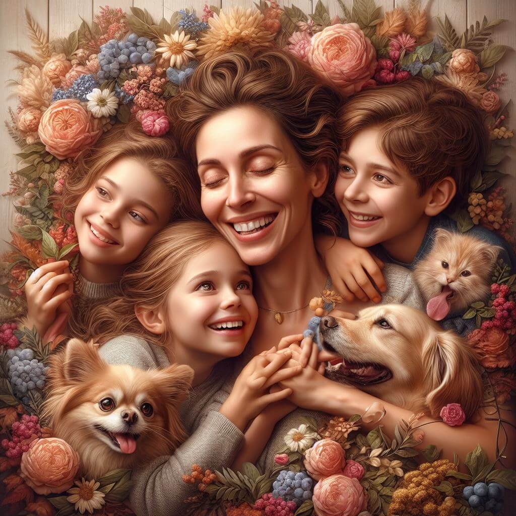 Escena armoniosa de una madre con tres niños con dos perros y un gato rodeados de flores, con sus caras expresando alegría y felicidad.