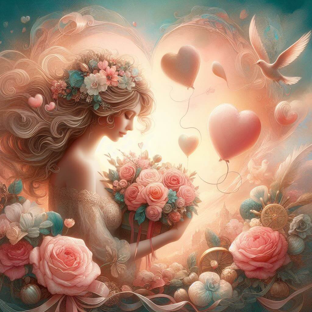 Escena surrealista y romántica donde una mujer adornada con flores está rodeada de una atmósfera etérea de rosas en flor, corazones flotantes y pájaros volando, evocando un sentido de amor y belleza.