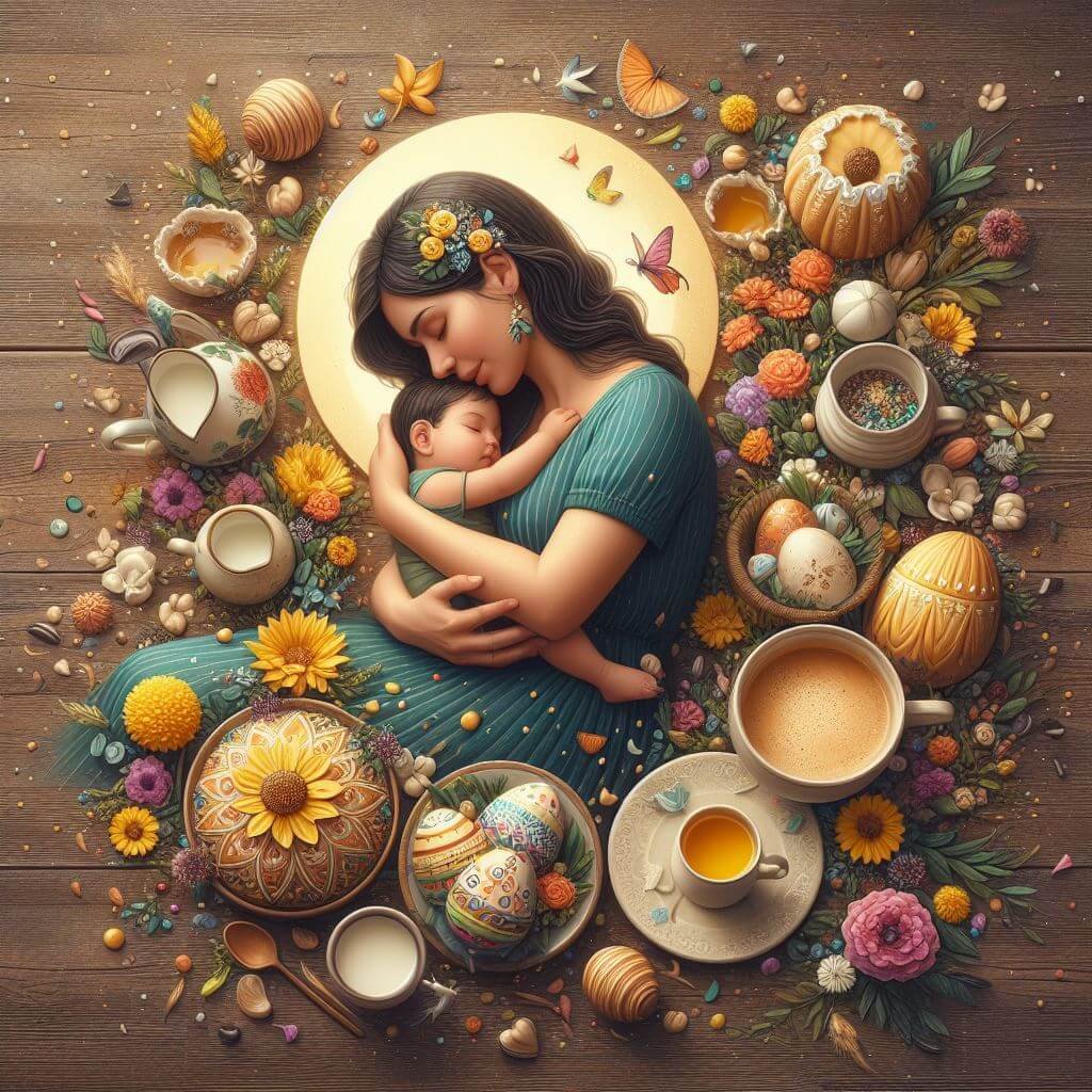Momento sereno de una mujer, cuyo rostro está feliz, sosteniendo un bebé en medio de una serie de elementos coloridos y detallados, incluyendo flores, mariposas y huevos decorados, evocando temas de naturaleza, maternidad y el ciclo de la vida.