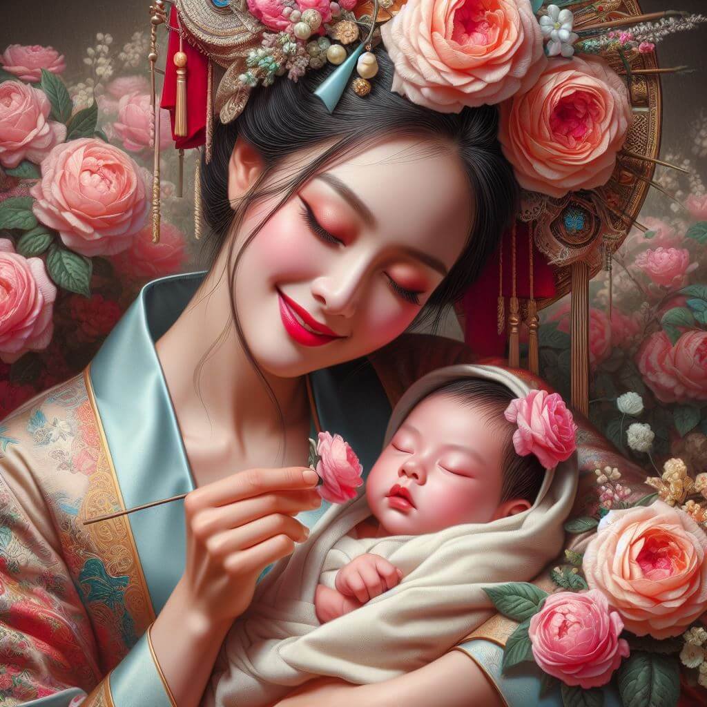 Madre en atuendo tradicional oriental, rodeada de una abundancia de rosas, sosteniendo una pequeña flor cerca de su bebé.