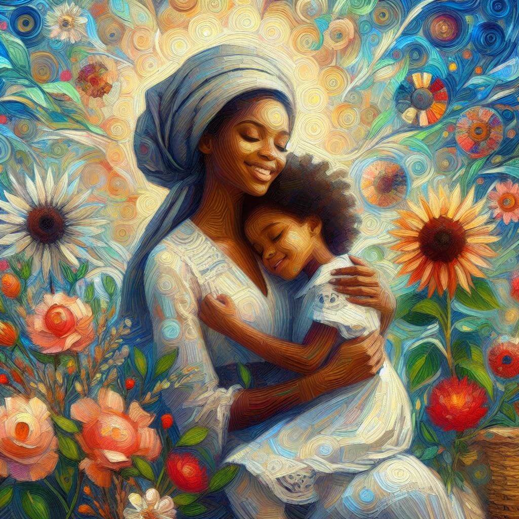 Momento tierno entre madre e hija rodeadas de un fondo vibrante y colorido de flores y patrones abstractos, capturando la esencia del afecto en medio de la belleza de la naturaleza.