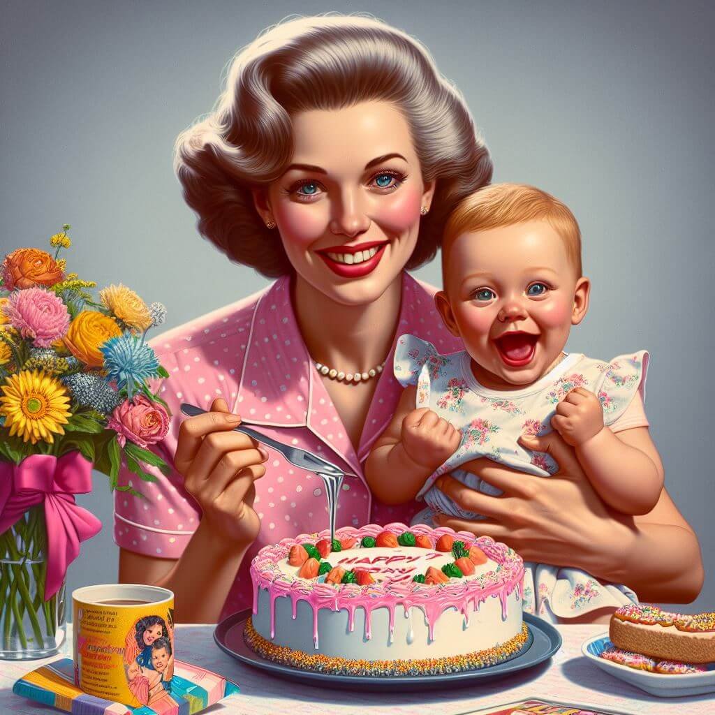 Medre y bebé con las caras felices, sentados frente a un pastel colorido, rodeados de varios objetos y flores, capturando un momento de celebración o reunión.
