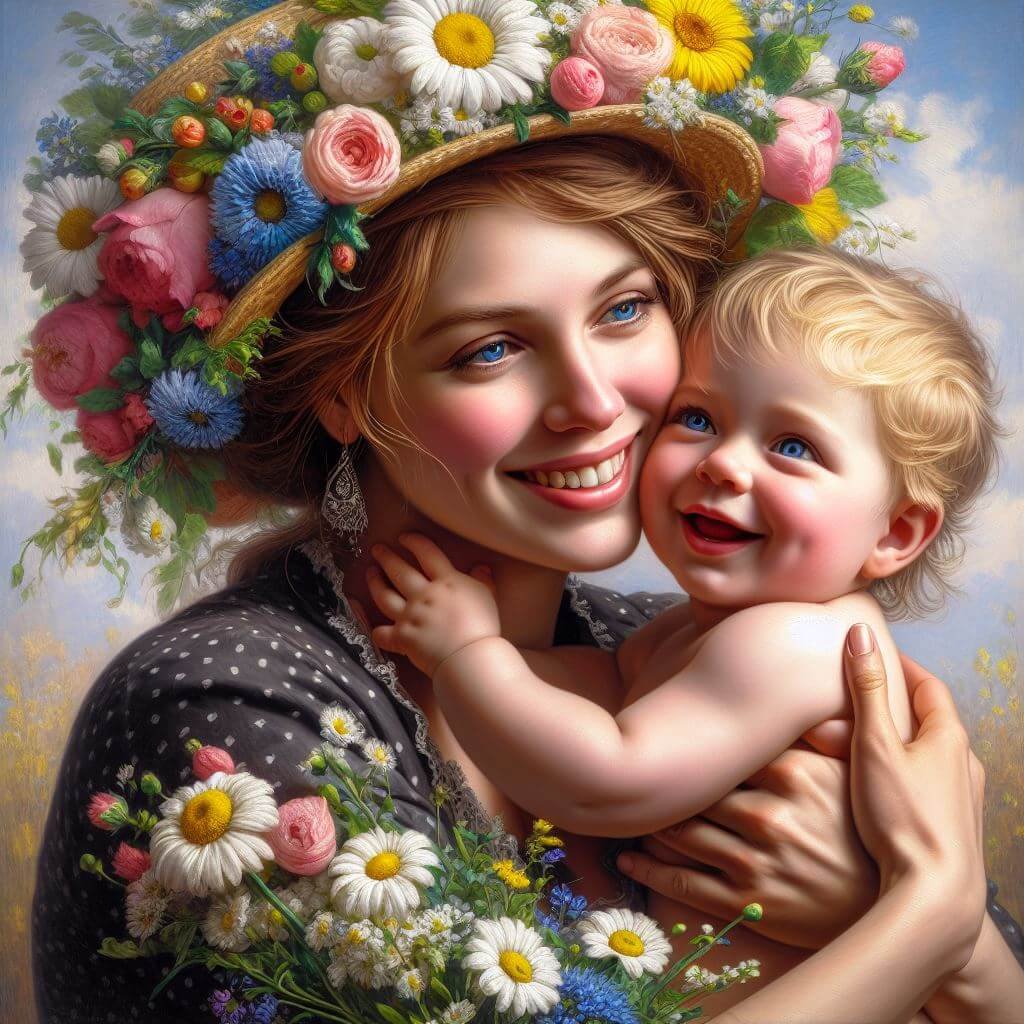 Momento tierno entre madre e hijo cuyas caras están sonrientes, rodeados de una serie de flores vibrantes y coloridas, mostrando la belleza de la naturaleza y las relaciones.