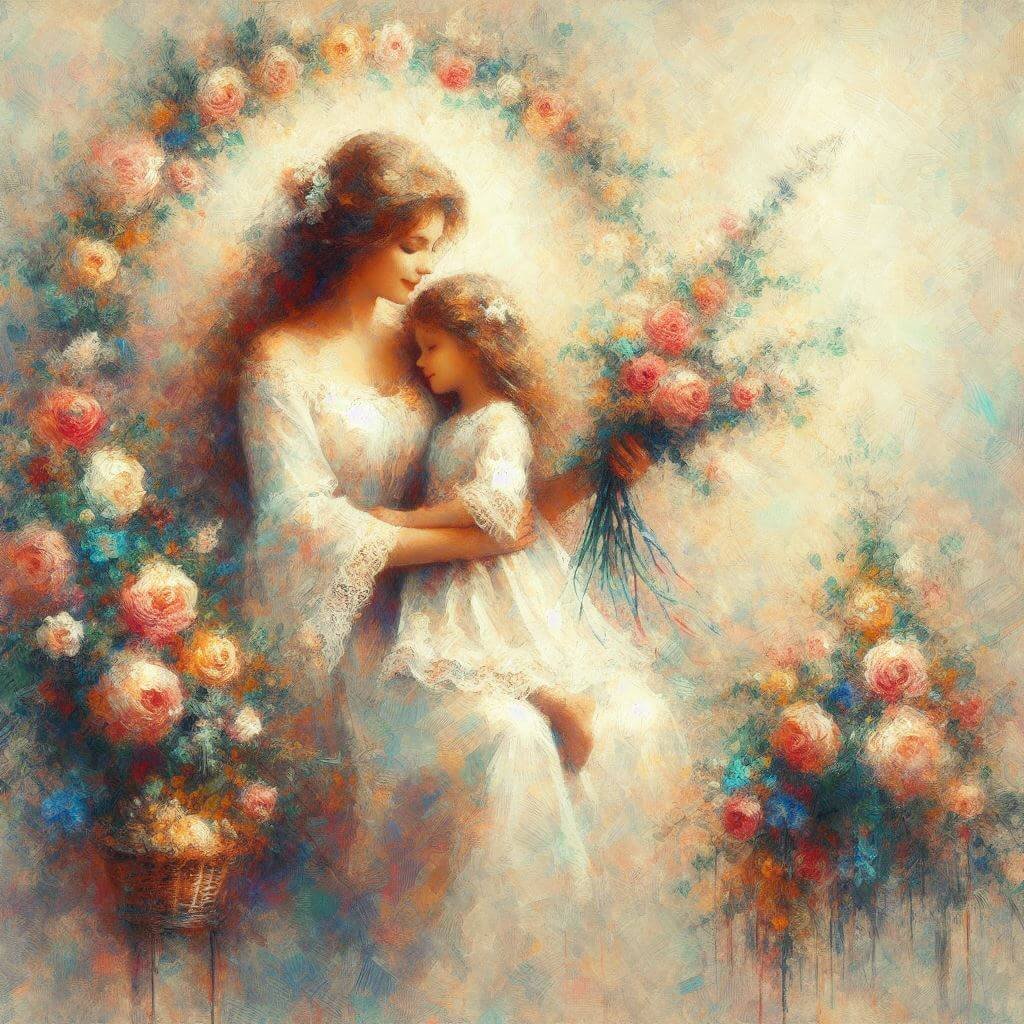 Madre con una mano sosteniendo a su hija y con la otra mano un ramo de flores, rodeada de una atmósfera etérea de flores y una iluminación suave, evocando un sentido de belleza romántica y mística.