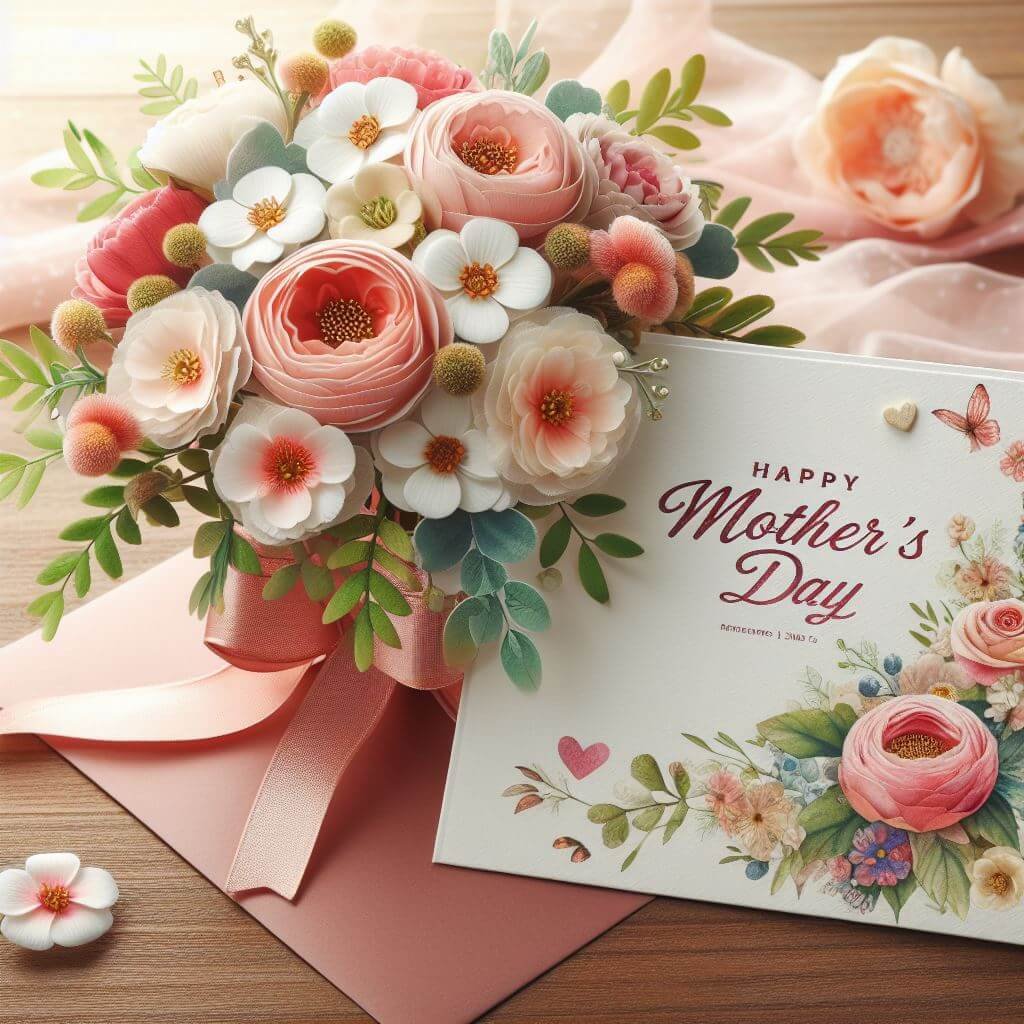 Hermoso arreglo de flores junto a una tarjeta del Día de la Madre, simbolizando aprecio y amor por las madres.