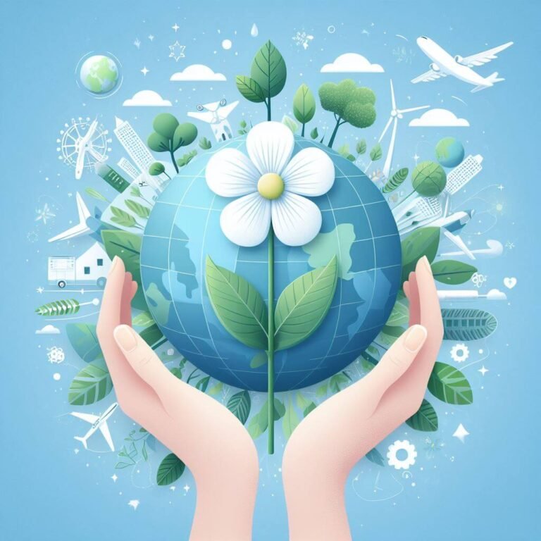 La Tierra adornada con una gran flor blanca y rodeada de varios elementos que representan la naturaleza y la innovación humana para el Día de la Madre Tierra 2024