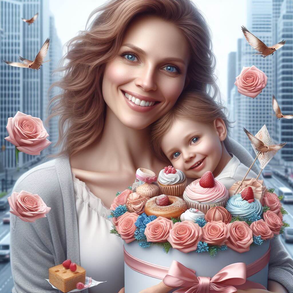 Mujer sosteniendo una niña y un regalo con cupcakes, con su rostro sonriente, ambientado en un paisaje urbano con pájaros volando y rosas, capturando la mezcla de la vida urbana y la belleza natural.