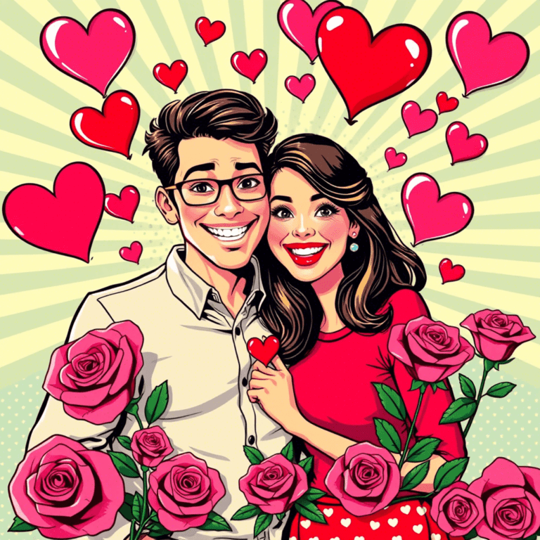 Imagen de una pareja sonriente rodeada de corazones y rosas, ilustrando el tema de los poemas de amor.