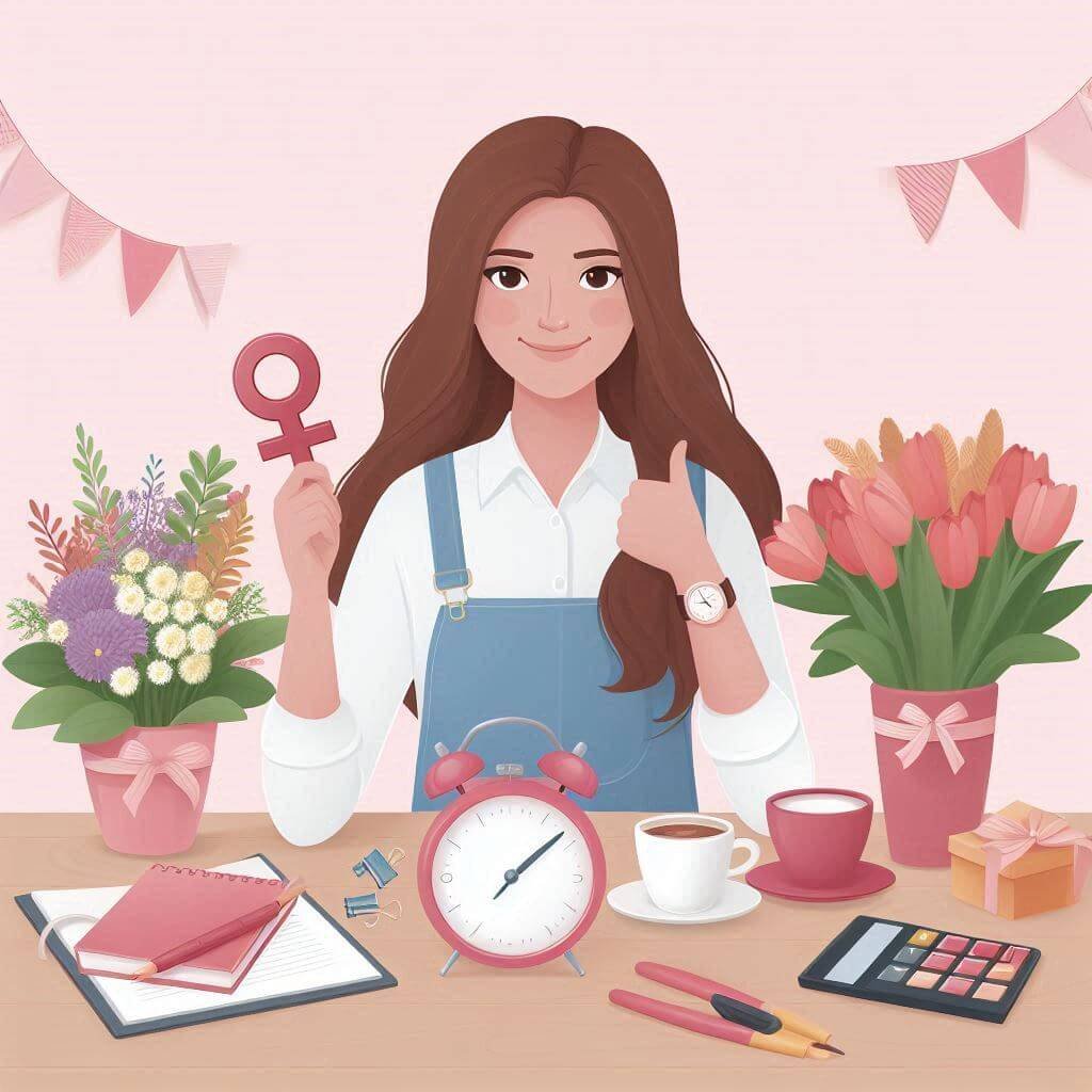 Mujer celebrando el Día Internacional de la Mujer con un símbolo de género y poesía