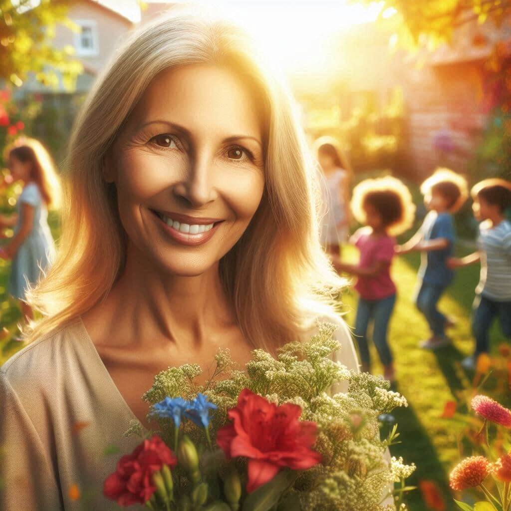 Mujer sonriendo con flores y niños jugando en el Día Internacional de la Mujer