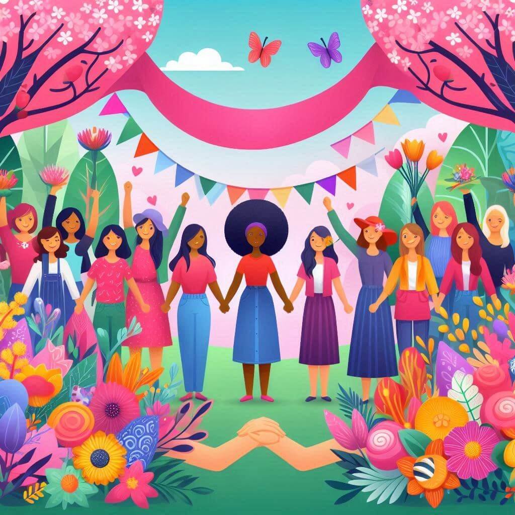 Ilustración colorida de mujeres celebrando el Día Internacional de la Mujer con poemas